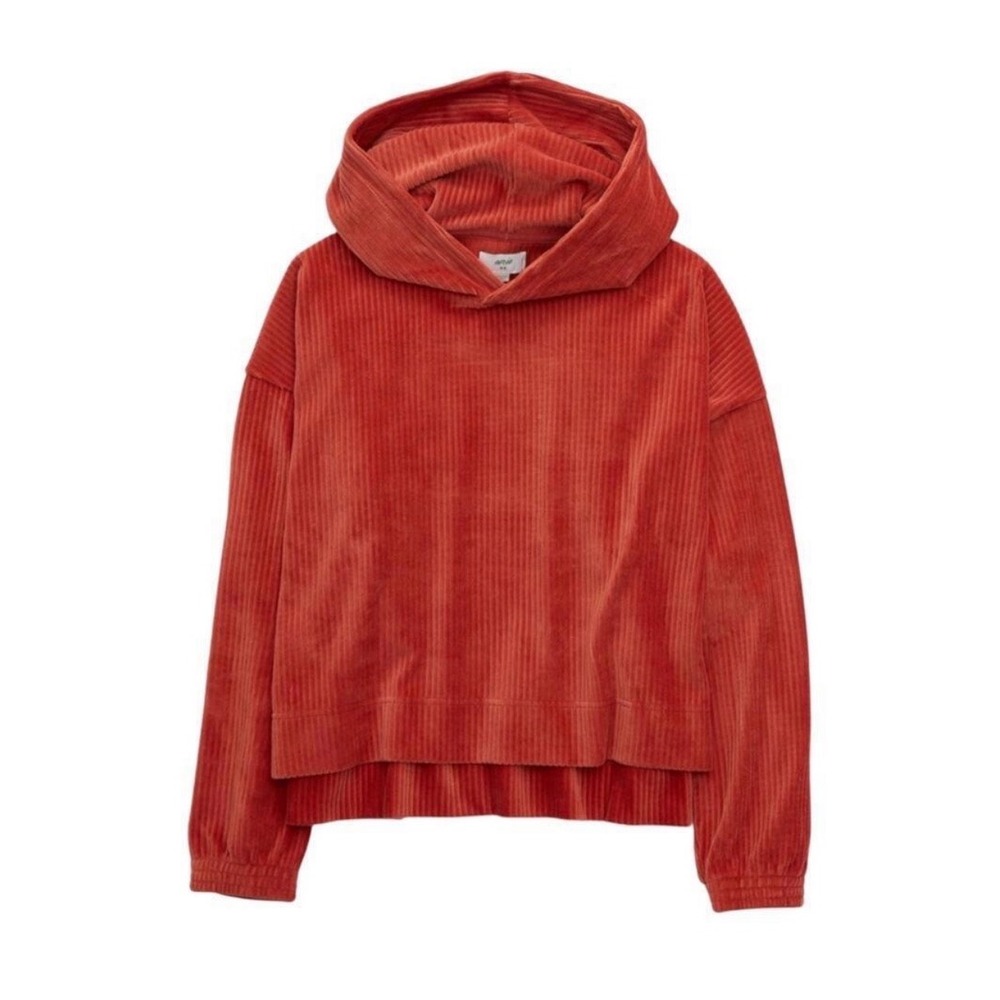 Aerie Hoodie Womens M Orange Corduroy Velour Cropped Wide Wale Pullover Ribbed